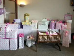 The Fireplace Room set up for a baby shower.